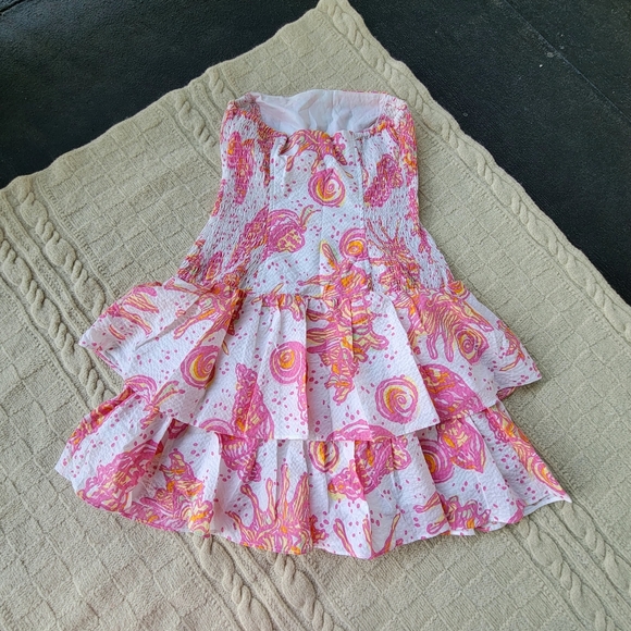 Lilly Pulitzer Elinor Strapless Drop Waist Dress size XS Conched Out Pink Orange - Picture 8 of 8